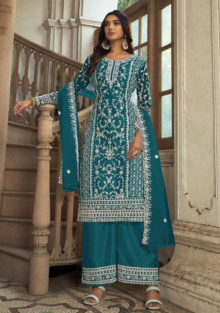 Teal green net sequins work semi stitched salwar suits suits size up to 42