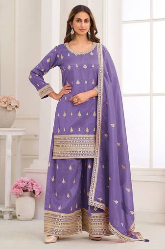Lavender silk blend sequins work salwar suits free size up to 42