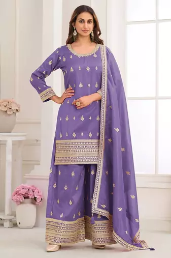 Lavender silk blend sequins work salwar suits free size up to 42