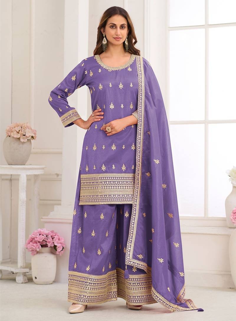 Lavender silk blend sequins work salwar suits free size up to 42