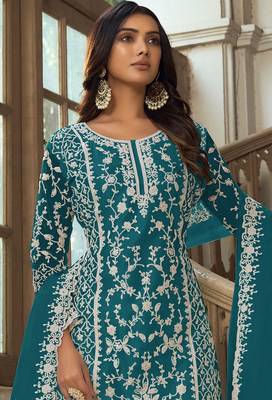 Teal green net sequins work semi stitched salwar suits suits size up to 42 2