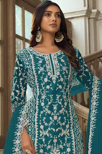 Teal green net sequins work semi stitched salwar suits suits size up to 42