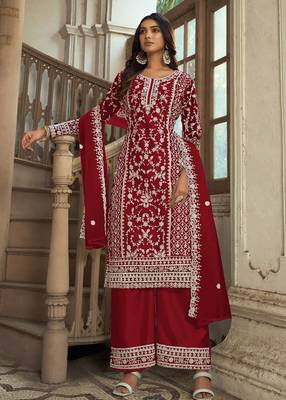 Red net sequins work semi stitched salwar suits suits size up to 42 1