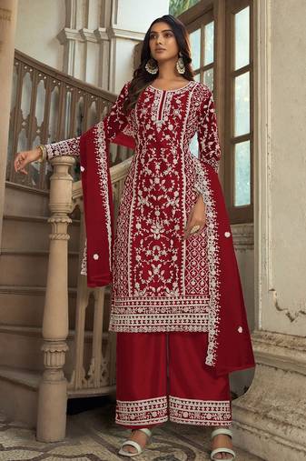 Red net sequins work semi stitched salwar suits suits size up to 42