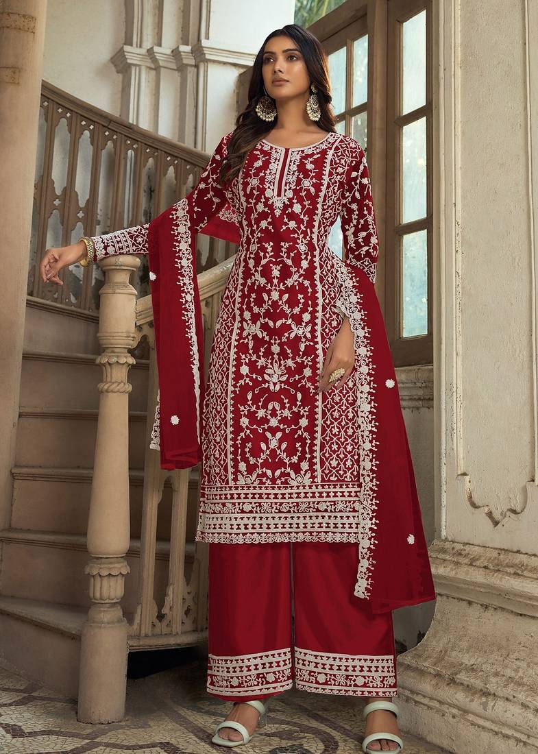 Red net sequins work semi stitched salwar suits suits size up to 42