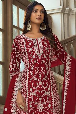 Red net sequins work semi stitched salwar suits suits size up to 42 2