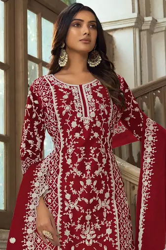 Red net sequins work semi stitched salwar suits suits size up to 42