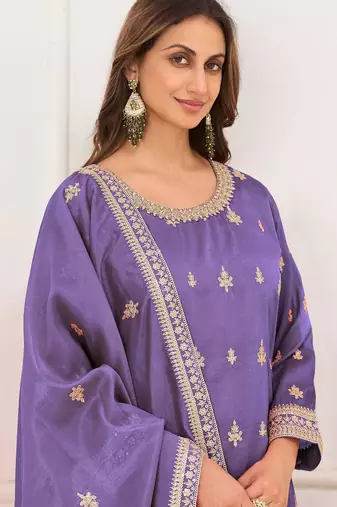 Lavender silk blend sequins work salwar suits free size up to 42