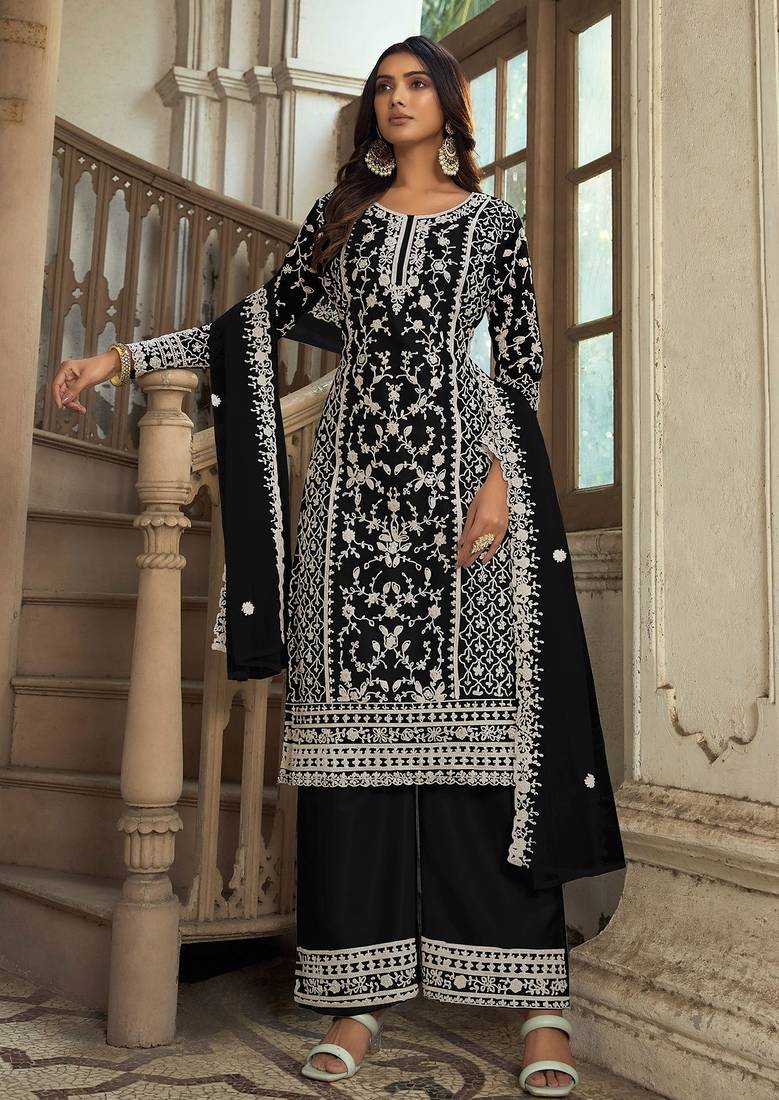 Black net sequins work semi stitched salwar suits suits size up to 42