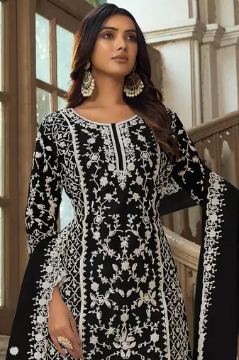 Black net sequins work semi stitched salwar suits suits size up to 42