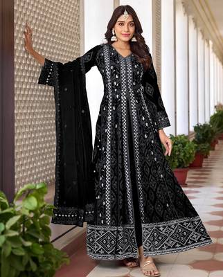Black georgette sequins work semi stitched salwar suits suits size up to 42 1