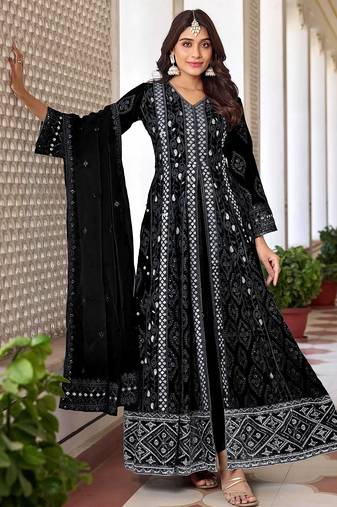 Black georgette sequins work semi stitched salwar suits suits size up to 42