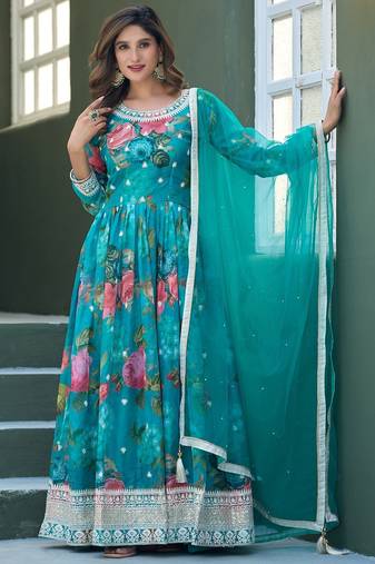 Turquoise silk sequins work salwar suits free size up to 42