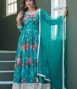 Turquoise silk sequins work salwar suits free size up to 42