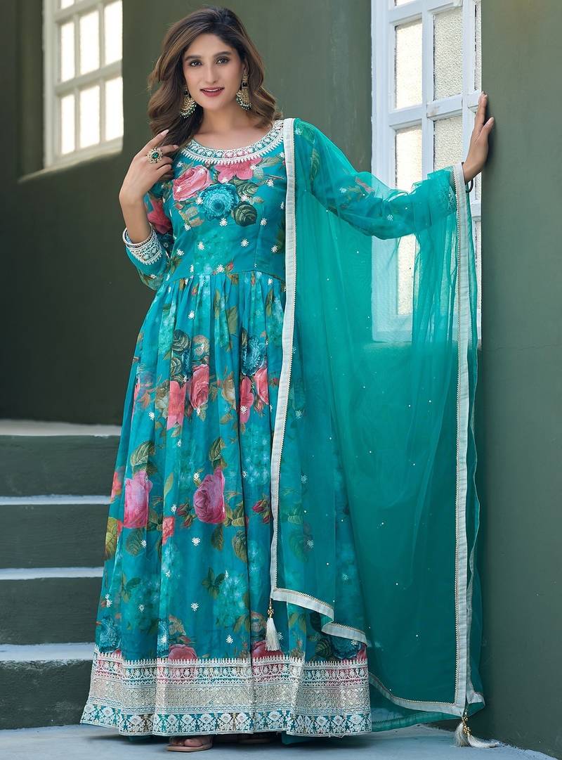 Turquoise silk sequins work salwar suits free size up to 42