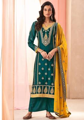 Teal green art silk sequins work semi stitched salwar suits suits size up to 42 1