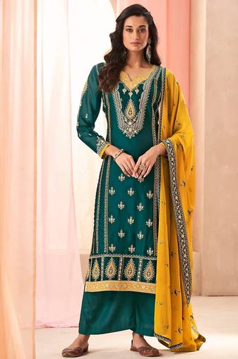 Teal green art silk sequins work semi stitched salwar suits suits size up to 42