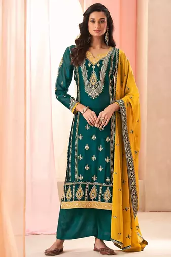 Teal green art silk sequins work semi stitched salwar suits suits size up to 42