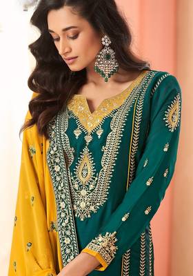 Teal green art silk sequins work semi stitched salwar suits suits size up to 42 2