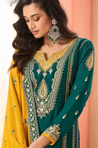 Teal green art silk sequins work semi stitched salwar suits suits size up to 42