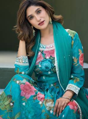 Turquoise silk sequins work salwar suits free size up to 42 2