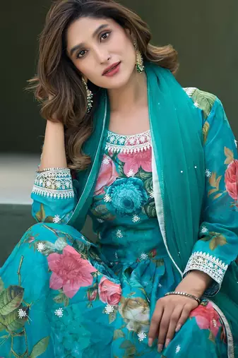 Turquoise silk sequins work salwar suits free size up to 42