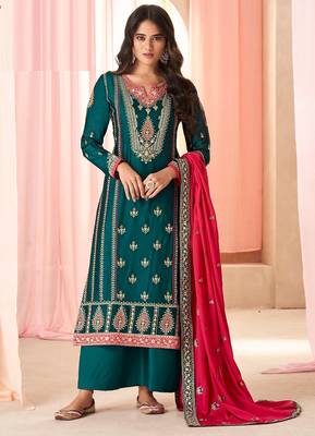 Teal green art silk sequins work semi stitched salwar suits suits size up to 42 1