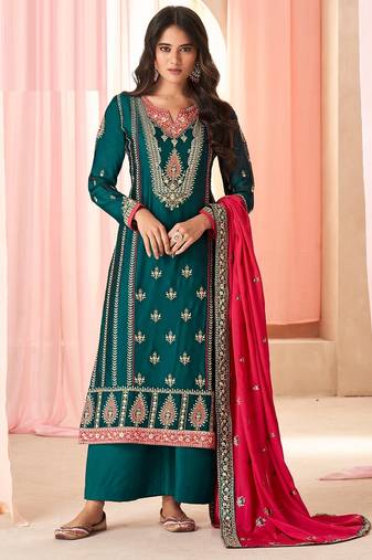 Teal green art silk sequins work semi stitched salwar suits suits size up to 42