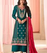 Teal green art silk sequins work semi stitched salwar suits suits size up to 42