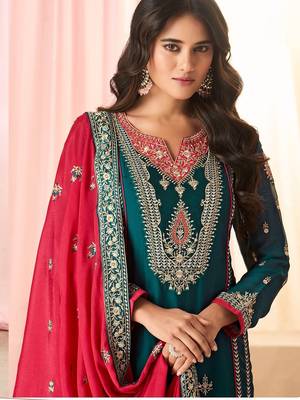 Teal green art silk sequins work semi stitched salwar suits suits size up to 42 2