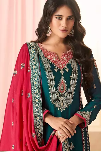 Teal green art silk sequins work semi stitched salwar suits suits size up to 42