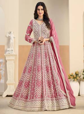 Pink georgette sequins work salwar suits free size up to 42 1