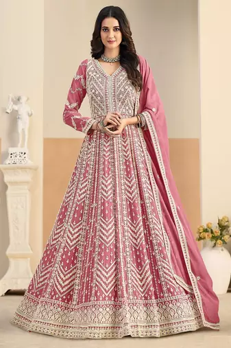 Pink georgette sequins work salwar suits free size up to 42