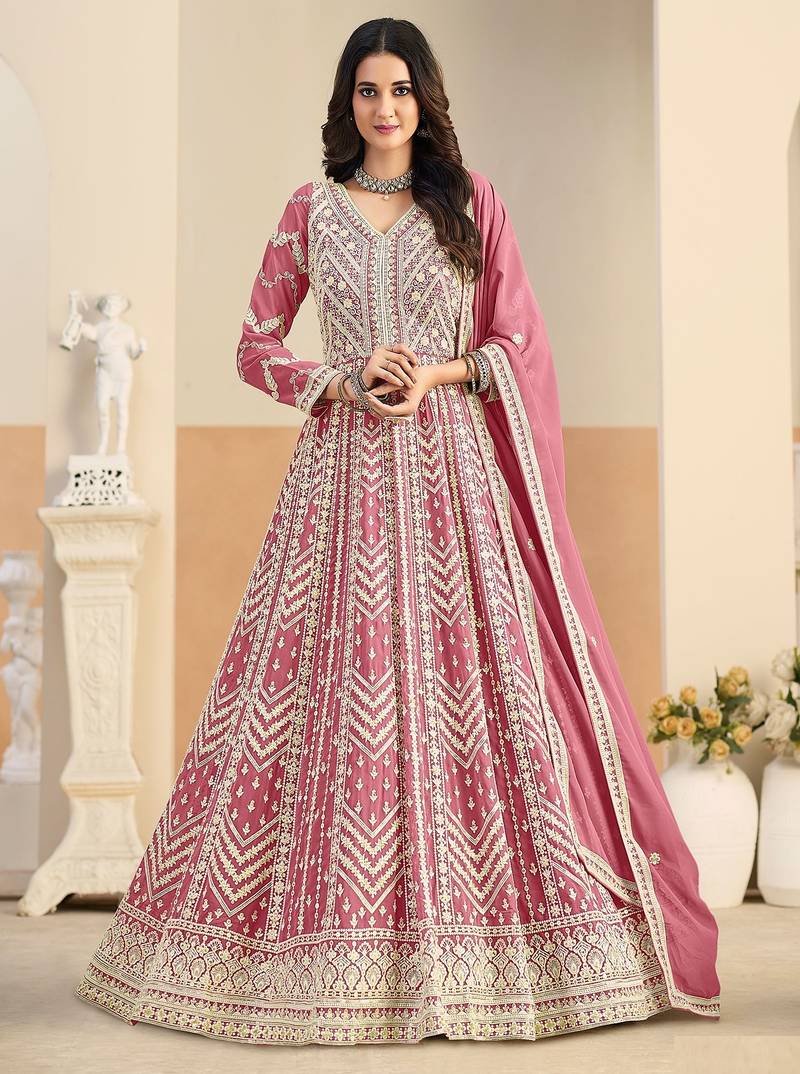 Pink georgette sequins work salwar suits free size up to 42