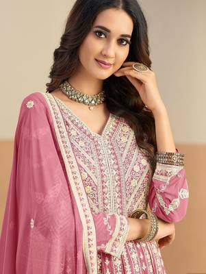 Pink georgette sequins work salwar suits free size up to 42 2