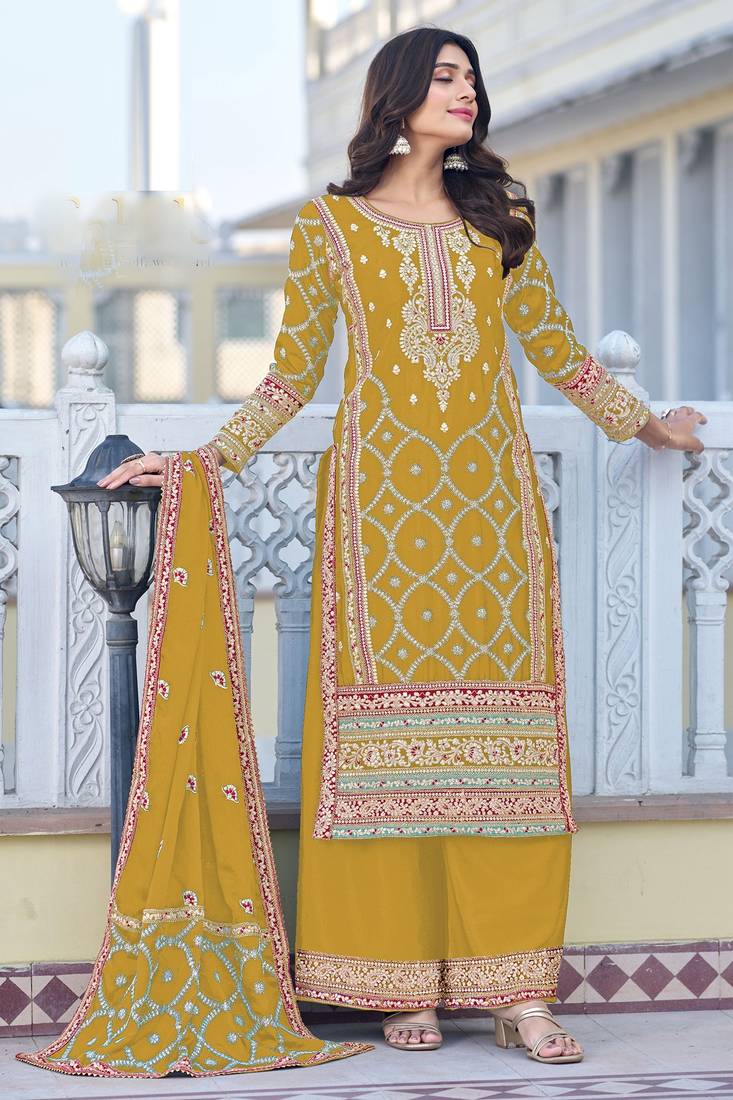 Yellow chiffon sequins work semi stitched salwar suits suits size up to 42