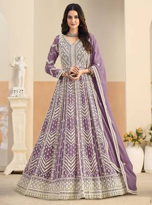Purple georgette sequins work salwar suits free size up to 42 1