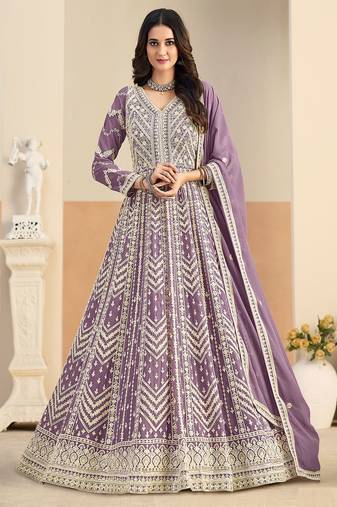Purple georgette sequins work salwar suits free size up to 42