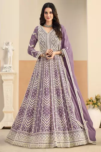 Purple georgette sequins work salwar suits free size up to 42