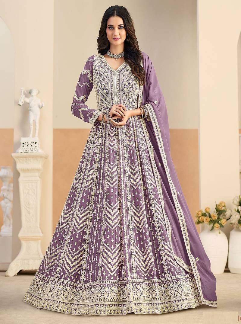Purple georgette sequins work salwar suits free size up to 42