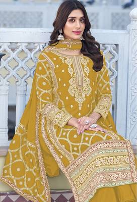 Yellow chiffon sequins work semi stitched salwar suits suits size up to 42 2
