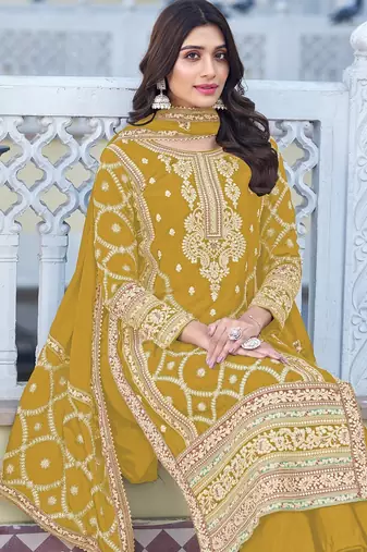 Yellow chiffon sequins work semi stitched salwar suits suits size up to 42