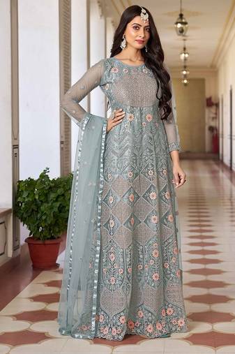 Grey net sequins work semi stitched salwar suits suits size up to 42