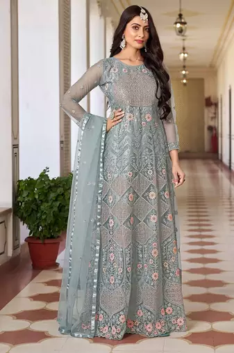 Grey net sequins work semi stitched salwar suits suits size up to 42