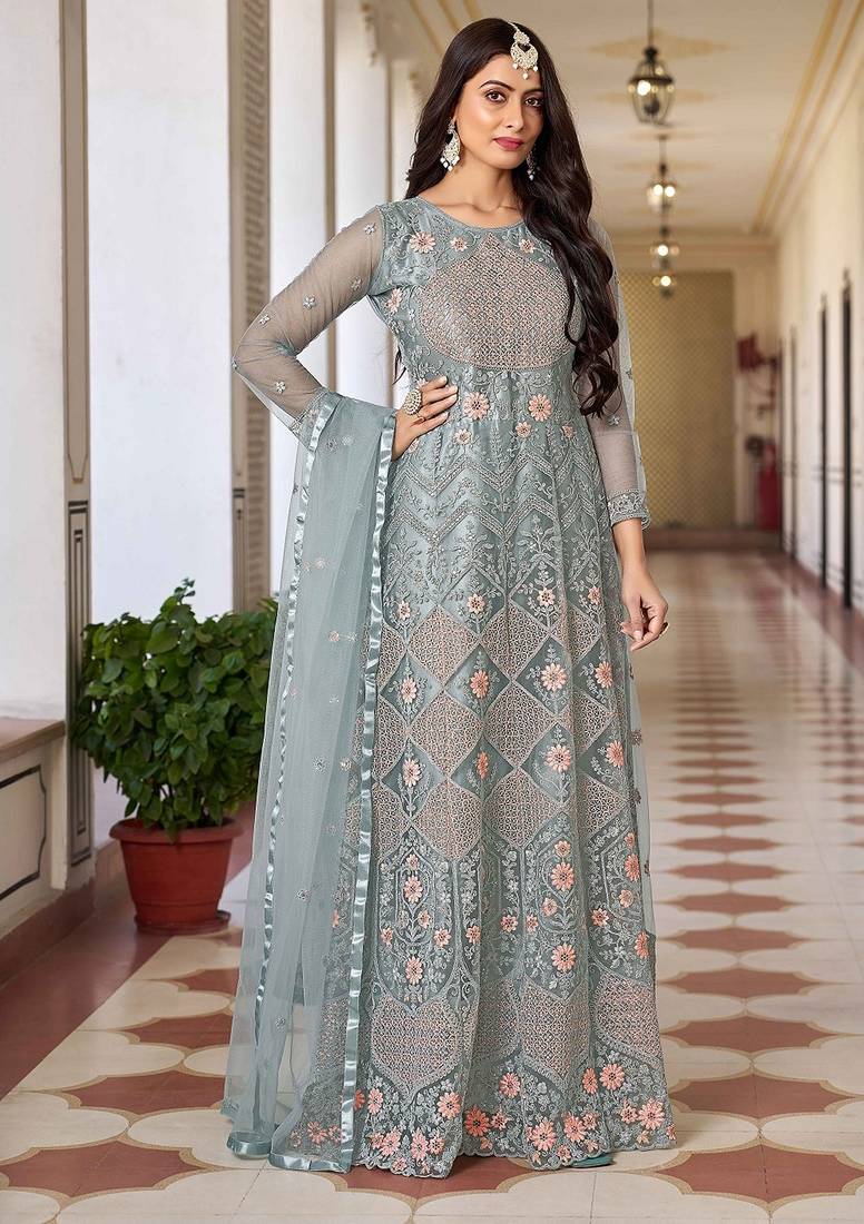 Grey net sequins work semi stitched salwar suits suits size up to 42