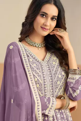 Purple georgette sequins work salwar suits free size up to 42