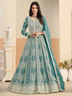 Teal georgette sequins work salwar suits free size up to 42 1