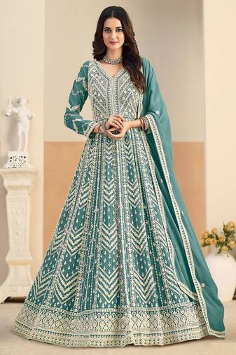 Teal georgette sequins work salwar suits free size up to 42
