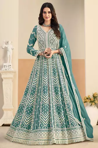 Teal georgette sequins work salwar suits free size up to 42