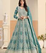 Teal georgette sequins work salwar suits free size up to 42